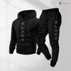Mens Black Retro Letter Print Hooded Sweatshirt Jogger Set Winter Warm Tracksuit