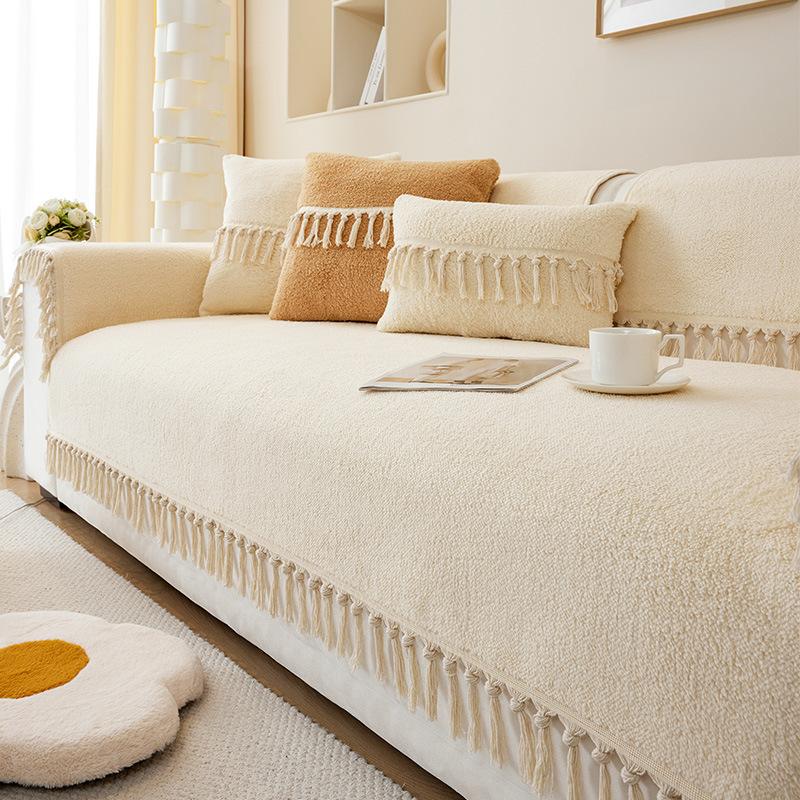

Plush Winter Sofa Cushion Antislip Cream Cover Universal High-Grade Tassel Decor for Autumn and Winter 70*70cm