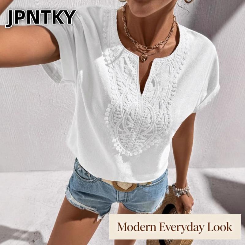 JPNTKY Women's Fashion Casual Solid Color Print Short Sleeve V-Neck Blouses & Shirts