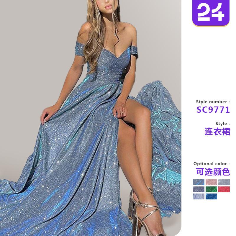 2026 Amazon European and American Banquet Dress Dress Ins Sequined Large Skirt Tube Top Sexy Fashion Split Dress