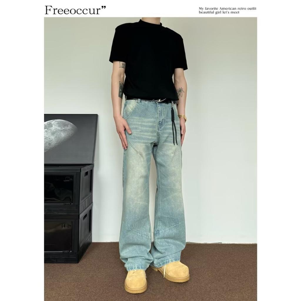 Autumn And Winter New American High Street Washed Light Colored Jeans For Men And Women Straight Leg Slightly Flared Loose Wide Leg Pants