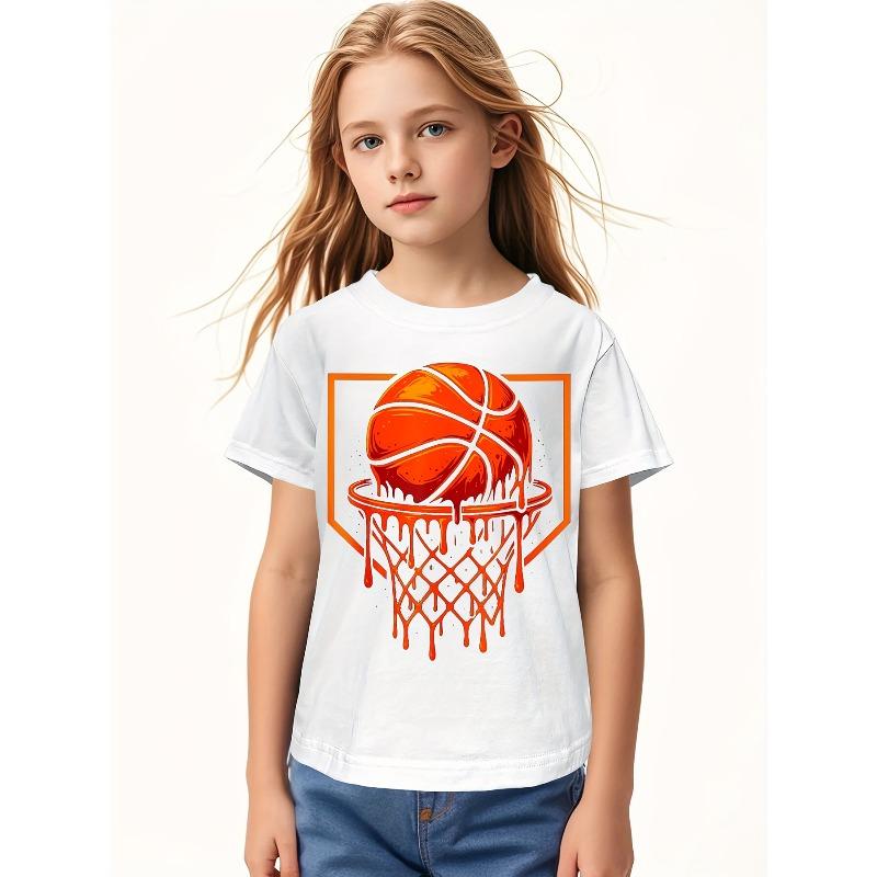 Kids Crewneck Short Sleeve Tee, Red Basketball Drip Print