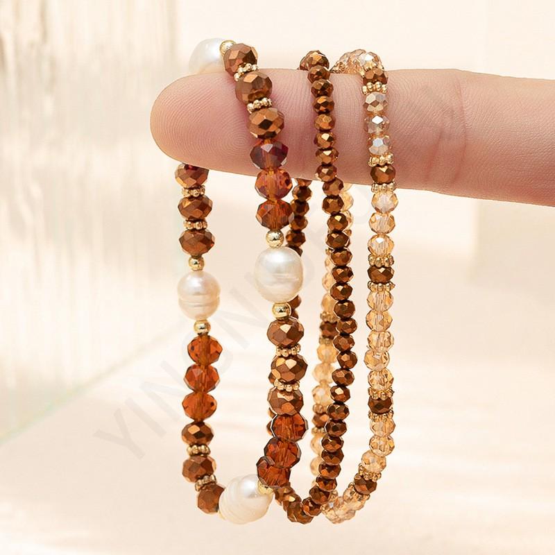 Handmade Bohemian Style Crystal Beaded Bracelet Set Women - Green Yellow Coffee Blue Color Options Natural Pearl Plastic CCB