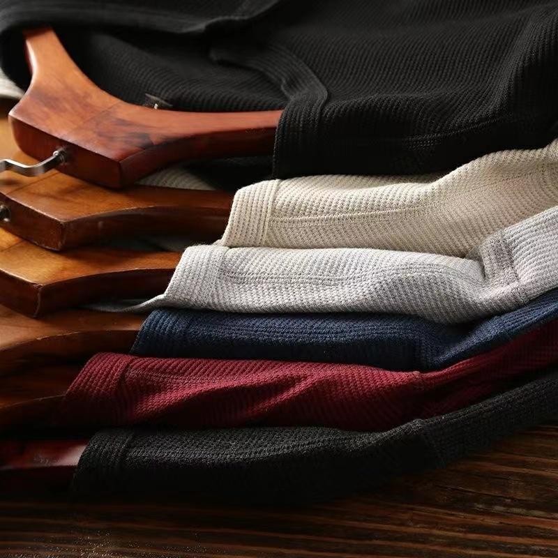Slim Fit Men's Basic Tee Casual T-shirts Waffle Long Sleeve Shirts Thermal Solid Half Button Breathable Cotton Shirts