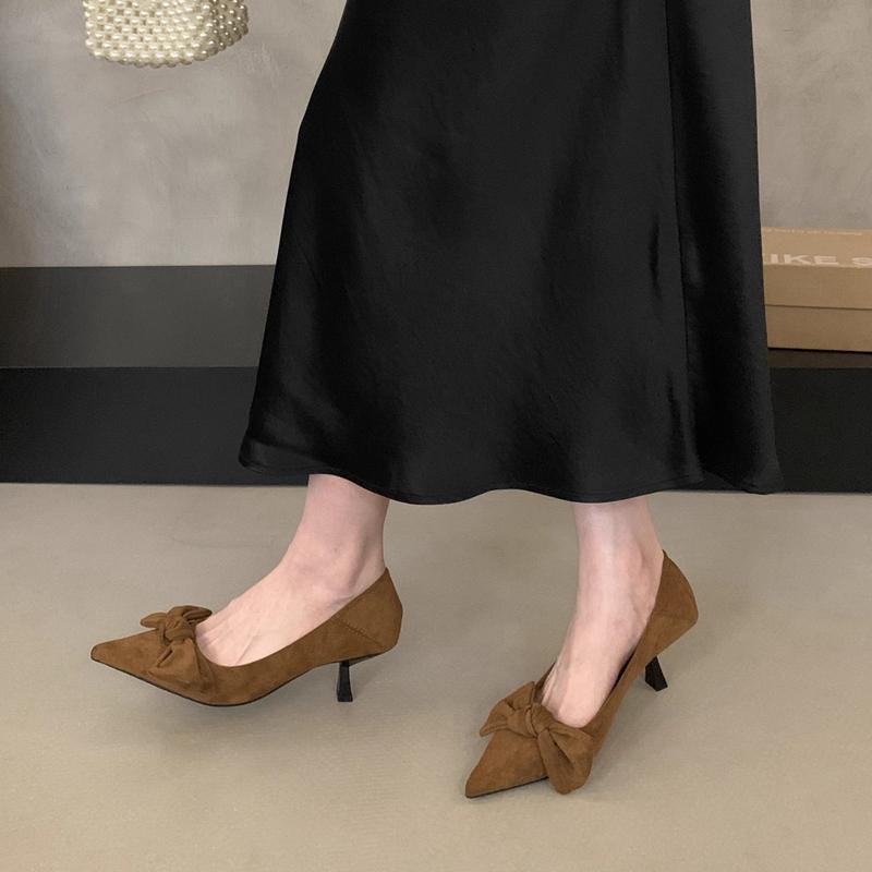 Fashion SUOJIALUN 2025 New Brand Women Pumps Shoes Fashion Bow-knot Pointed Toe Shallow Slip On Boat Shoes Thin High Heel Single Shoes