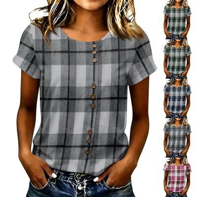 Women Casual Plaid Pattern Short Sleeve T Shirt Button Front Round Neck Lightweight Soft Fabric Top for Everyday Wear