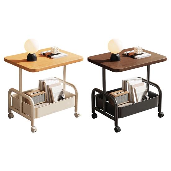 Rolling Double Layer Side Table with Storage Shelf Living Room Bedroom Sofa Couch Bedside Coffee Tea Table Desk Cart with Lockable Wheels