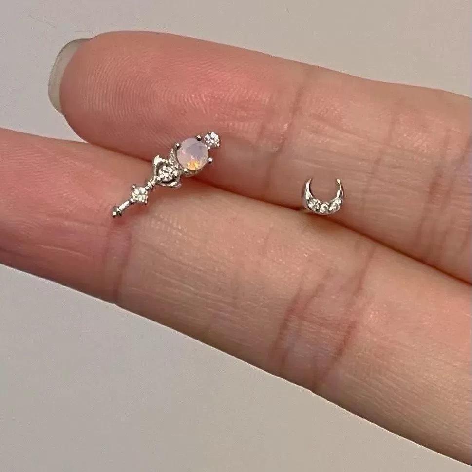 Beixi S925 Sterling Silver Moon Scepter Irregular Ear Studs with Zircon Diamonds - Cute and Sweet Design S925 Silver