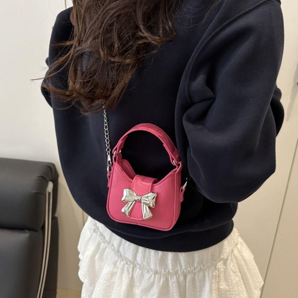 Handbag Bow Buckle PU Bag Mini Women's Shoulder Bag Casual Silver Bucket Bag  Women