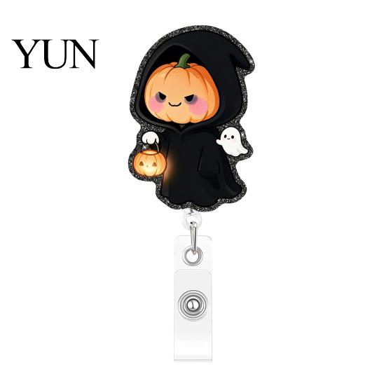 Cute Halloween Badge Retractable Reel, Pumpkin And Grim Reaper Design, Acrylic Teacher Reel Smooth Pull Cord Clip for Nurse Doctor ID Card Holiday