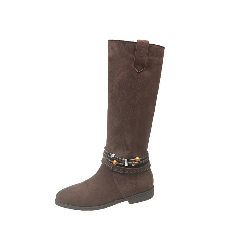 

Low Heel Boots Fashion Round Toe Suede Sleeve Soft Sole Non-Slip Pleated Block Heel Stack Boots 39
