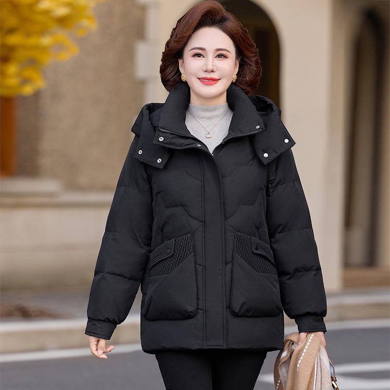 Women's Mid-Length Hooded Winter Jacket - Thick, Warm, and Casual for Middle-Aged Mothers