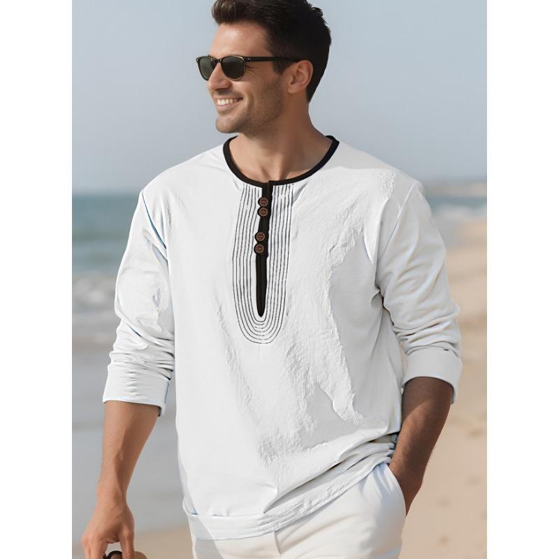 Men's Casual Henley Neck Long Sleeve Tunic Top with Pleated Detail