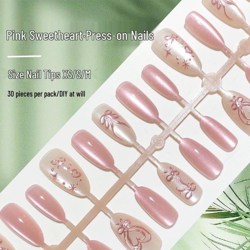 

Rose Gold Cat Eye Press-On Nails - Pink Heart Bow, 30-Piece Set, Light Luxury Style