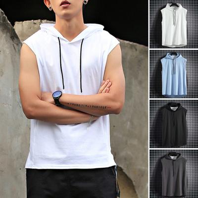 Męska Letnia Kamizelka Z Kapturem Na Sznurki Jednolity Kolor Luźna Bluza Sportowa Miękki Bez Rękawów Letnia Koszulka Bez Rękawów Męskie Ubrania