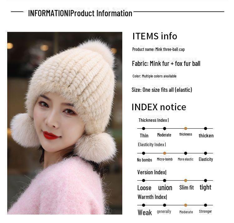 Yutong Women's Winter Mink Hat with Fox Pom and Ear Protection
