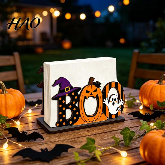 Indoor Halloween Ornaments Wooden BOO Napkin Holder, Cartoon Ghost Pumpkin Witch Hat Paper Towel Window Display Ornament Wood Table Centerpiece