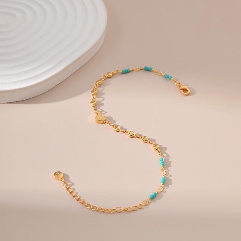 Minimalist Heart Turquoise Beaded 18k Gold Plated Womens Bracelet