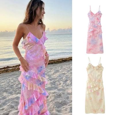 2024 Sommer Neue Mode Sexy Gedruckt Hosenträger Backless Lace-up Unregelmäßigen Rüschen Langes Kleid für Frauen