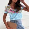Summer Women's New Minimalist Flower Pattern 3D Printed Loose Casual V-neck Short Sleeved T-shirt