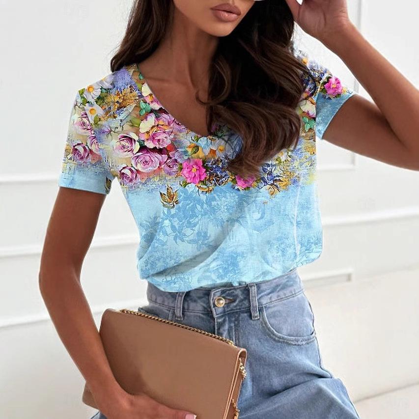 Summer Women's New Minimalist Flower Pattern 3D Printed Loose Casual V-neck Short Sleeved T-shirt
