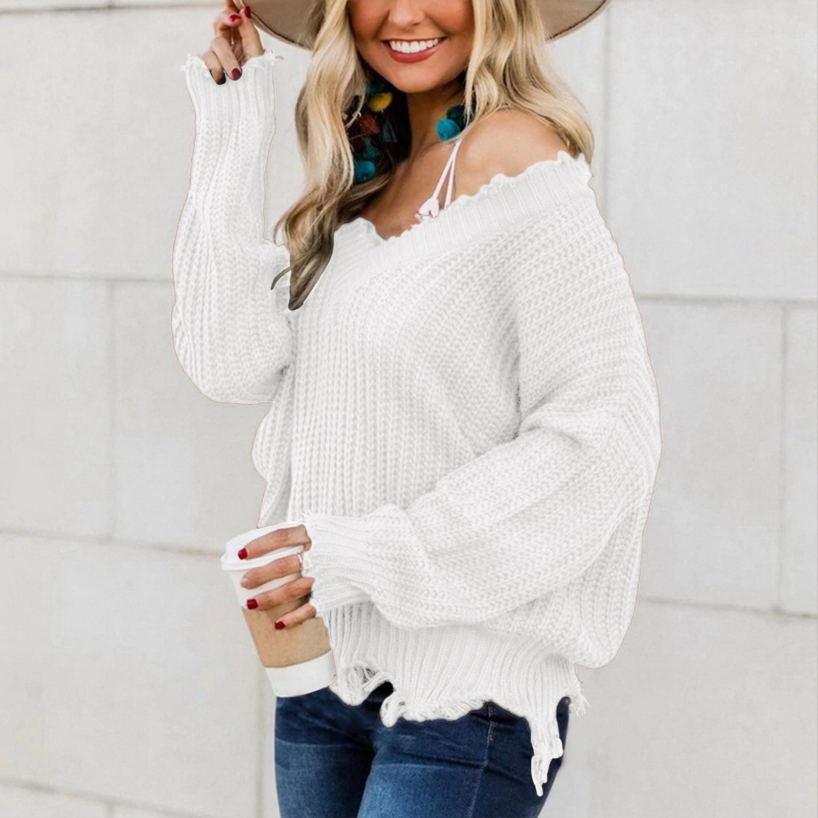 

Жіночий модний вільний вільний светр із нестандартною в’язкою з бахромою і глибоким V-подібним вирізом без бретелей XXXL білий