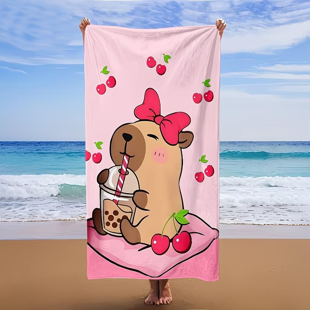 Cute Capybara Microfiber Beach Towel Pink Cherry Cartoon Bath Towel Quick Dry Sand Free Swimming Blanket for Kids Adult