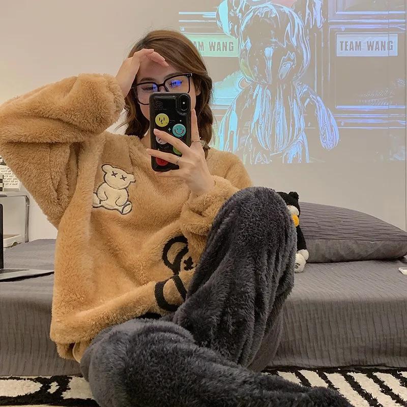 

Autumn Winter Thickened Warm Flannel Women Sleepwear Homewear O-Neck Tops and Trousers Nightwear Loungewear Two-Piece Set Pajamas S коричневий