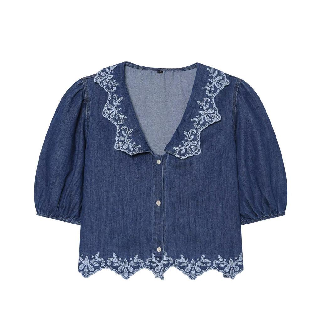 Trendy Puff Sleeve Embroidered Tassel Shirt with Lace Collar - European & American Women's Fashion