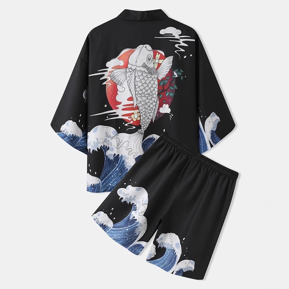 2026 New national style Hawaiian vacation ukiyo-e painted seven-quarter-sleeved Taoist robe 3D printed carp kimono cape