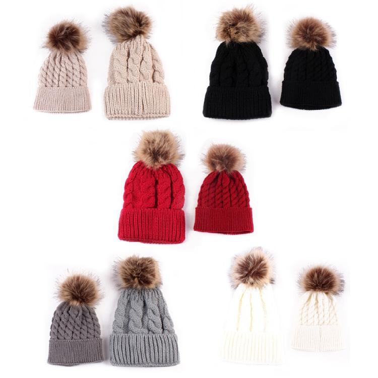 Pom Pom Hat in Matching Style for Parent Children Knitted Caps in Solid Color