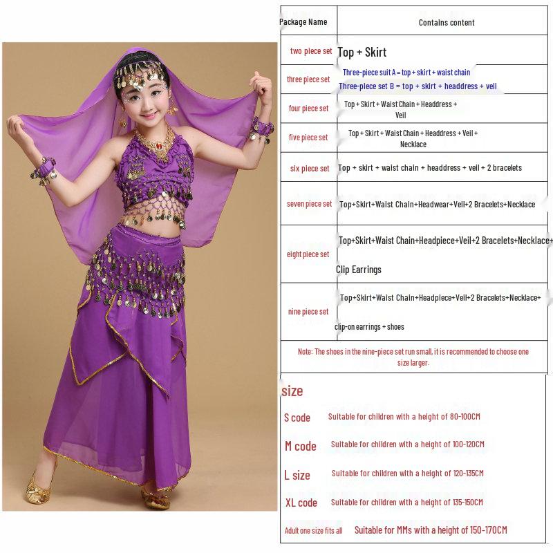 

Дитячий індійський танцювальний костюм - Наряд для танцю живота та етнічних виступів для дівчаток S = Suitable for 80-100cm