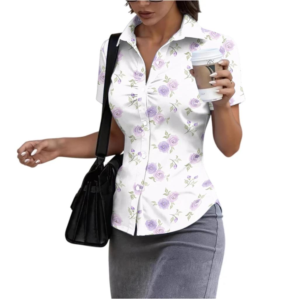 Damen Kurzarm Hemdbluse Slim Fit Knopfleiste Sommer Leichtes Bedrucktes Oberteil für Büro und Freizeit