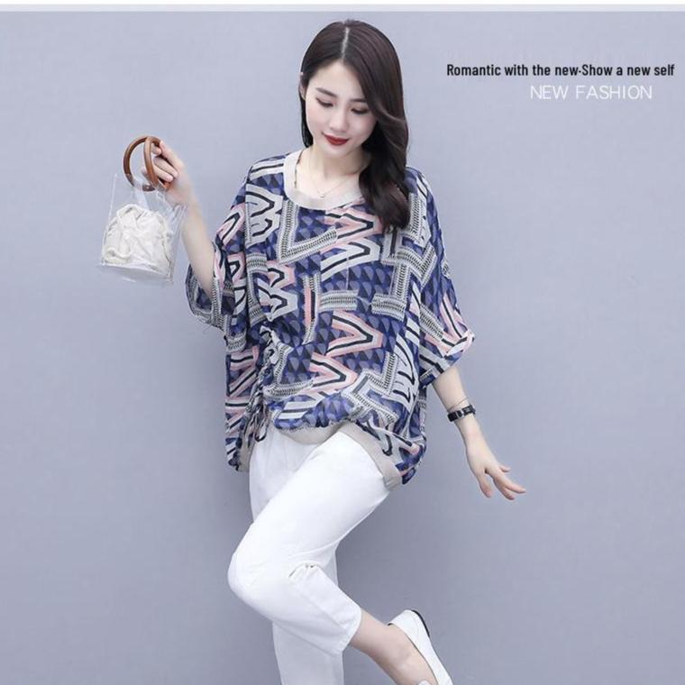 Women's Plus Size Casual Stylish Two-Piece: Five-Sleeve Print T-shirt & Nine-Point Pants Set