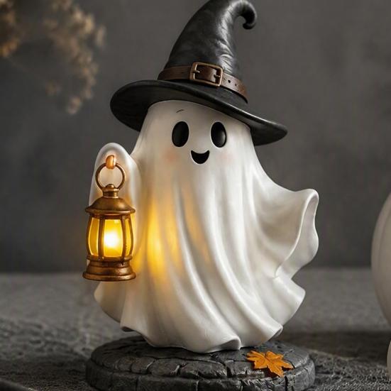 Indoor Decorative Light Lighted Halloween Ghost Figurine, Spooky Resin Witch on Pumpkin/Holding Lantern Desktop Ornament Statue with LED for Bookshelf