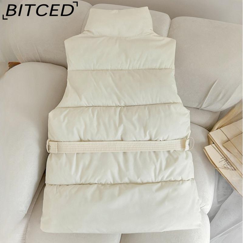 BITCED Autumn/Winter Women's Fashion Solid-Colour Belted Cotton Jacket, Fashionable Waistcoat, Stand-Up Collar Puffer Coat