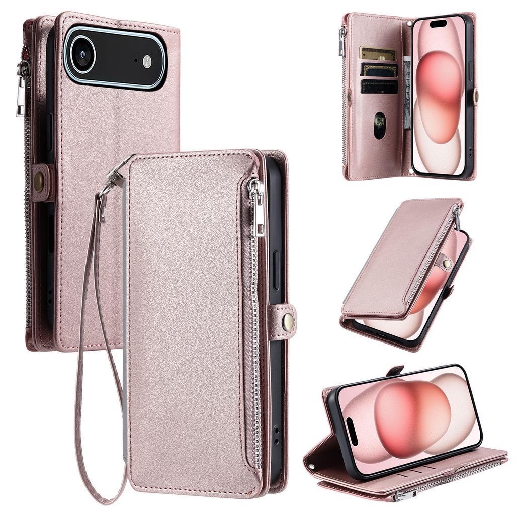 For iPhone 17 Air Case TPU+PU Leather Wallet Phone Cover with Wrist Strap