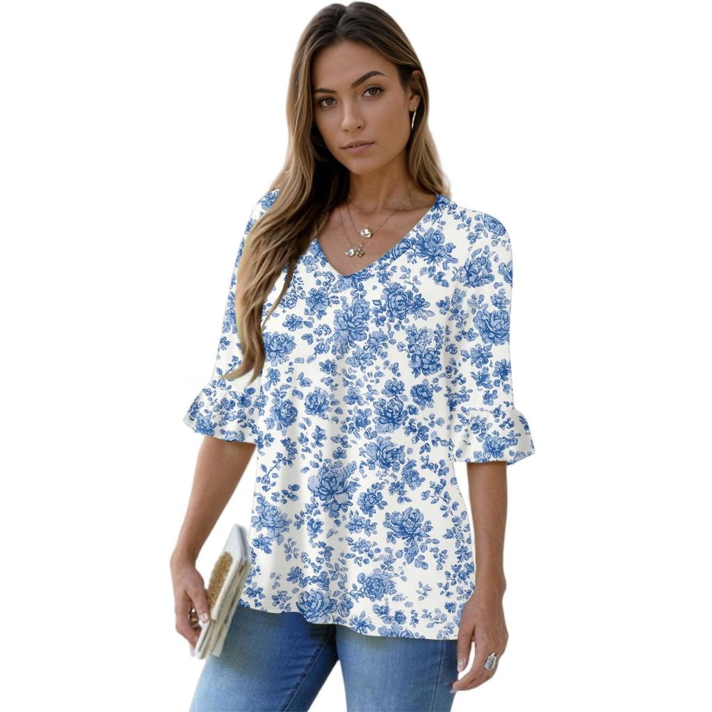 Women's Casual 3/4 Sleeve Tops V-Neck Sleeve T-Shirt Floral Print Tops