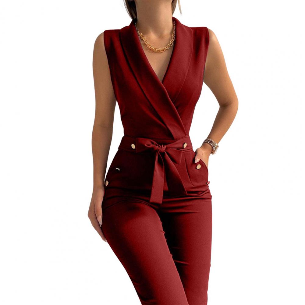 

One-piece Jumpsuit Elegant V Neck Jumpsuit with Lace-up Strap Wide Leg Design for Women Formal Business Style for Commuting St Practical Use S вино красного