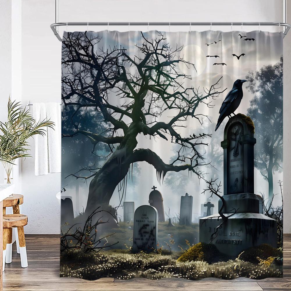 Halloween Shower Curtain Dark Forest Haunted House Graveyard Pumpkin Lantern Ghost Spooky Bathroom Decor Halloween Bath Curtain