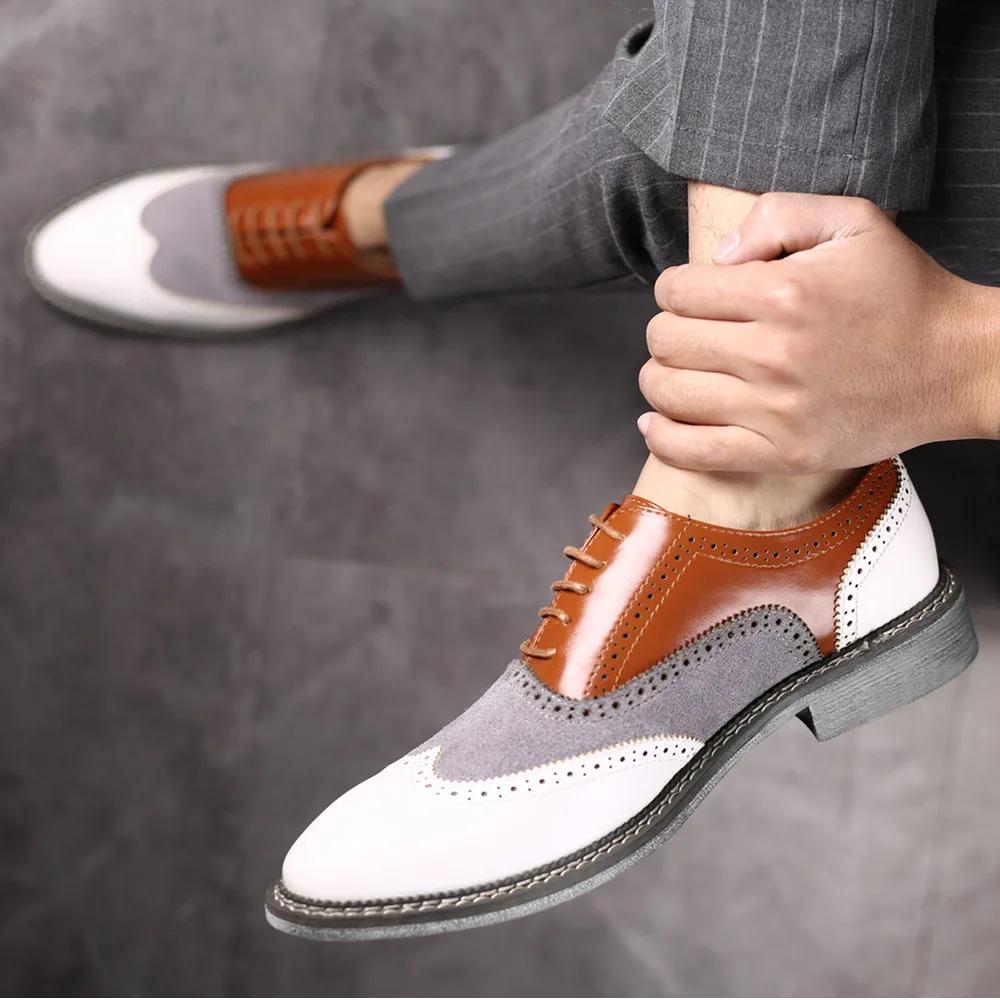 Fashion Large Size Men's Leather Shoes Color Matching Pointed Toe Business Casual Leather Shoes Men's Carved British Retro Shoes