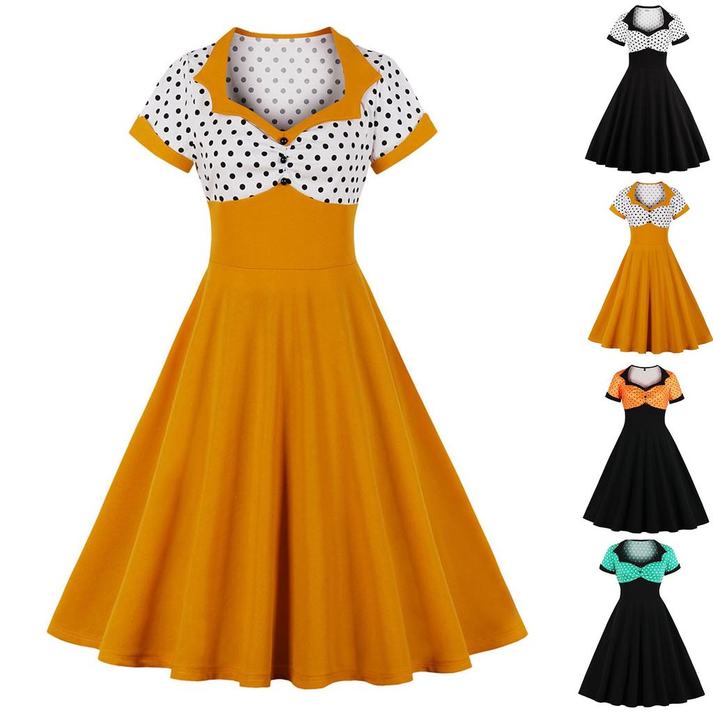 Women's Vintage Polka Dot Lapel  Short-sleeved Belt Dress