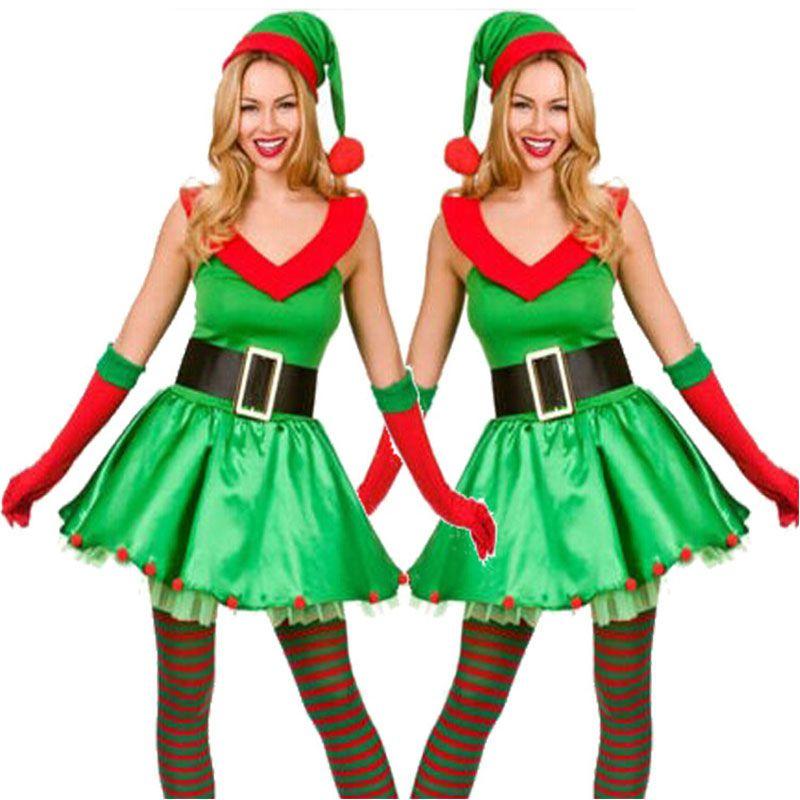 Premium Quality Women's Fashion Sexy Green Christmas Cosplay Elf Costume Dress Set
