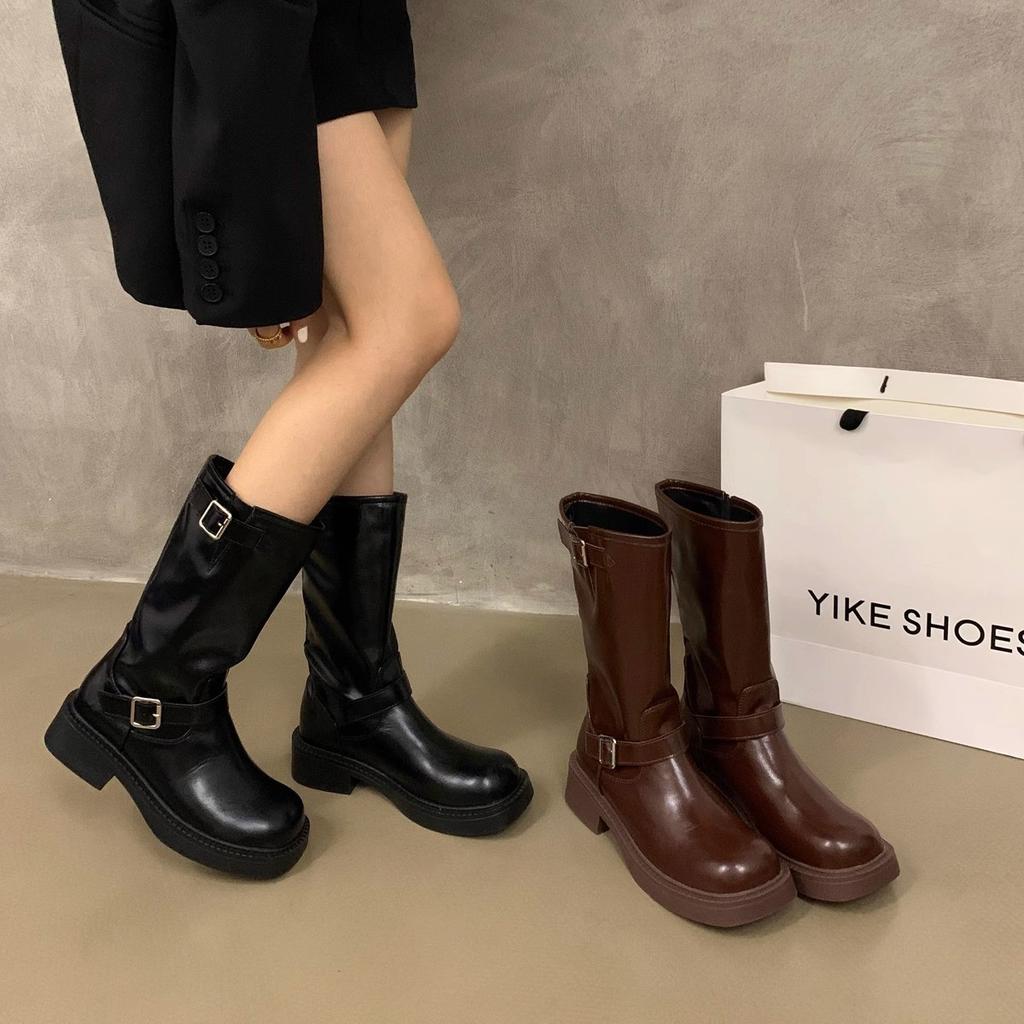 Brown Martin Boots Women's New Autumn and Winter Single Boots Thick-soled Medium Tube Tooling Short Boots Retro Spring