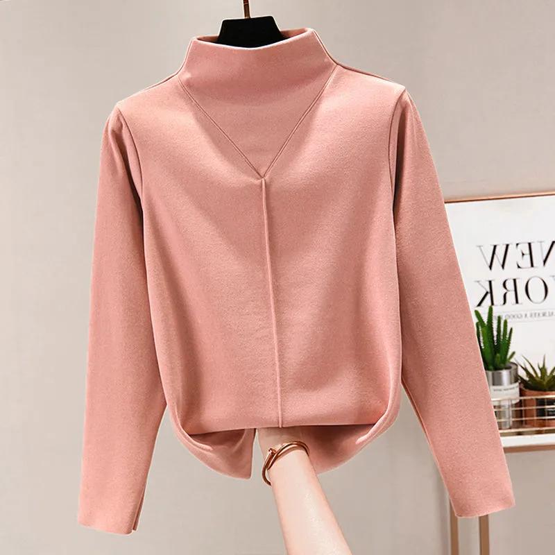 Warm Double-sided German Velvet Semi High Neck Self Heating Slim Fit Versatile T-shirt with Cationic Base for Women