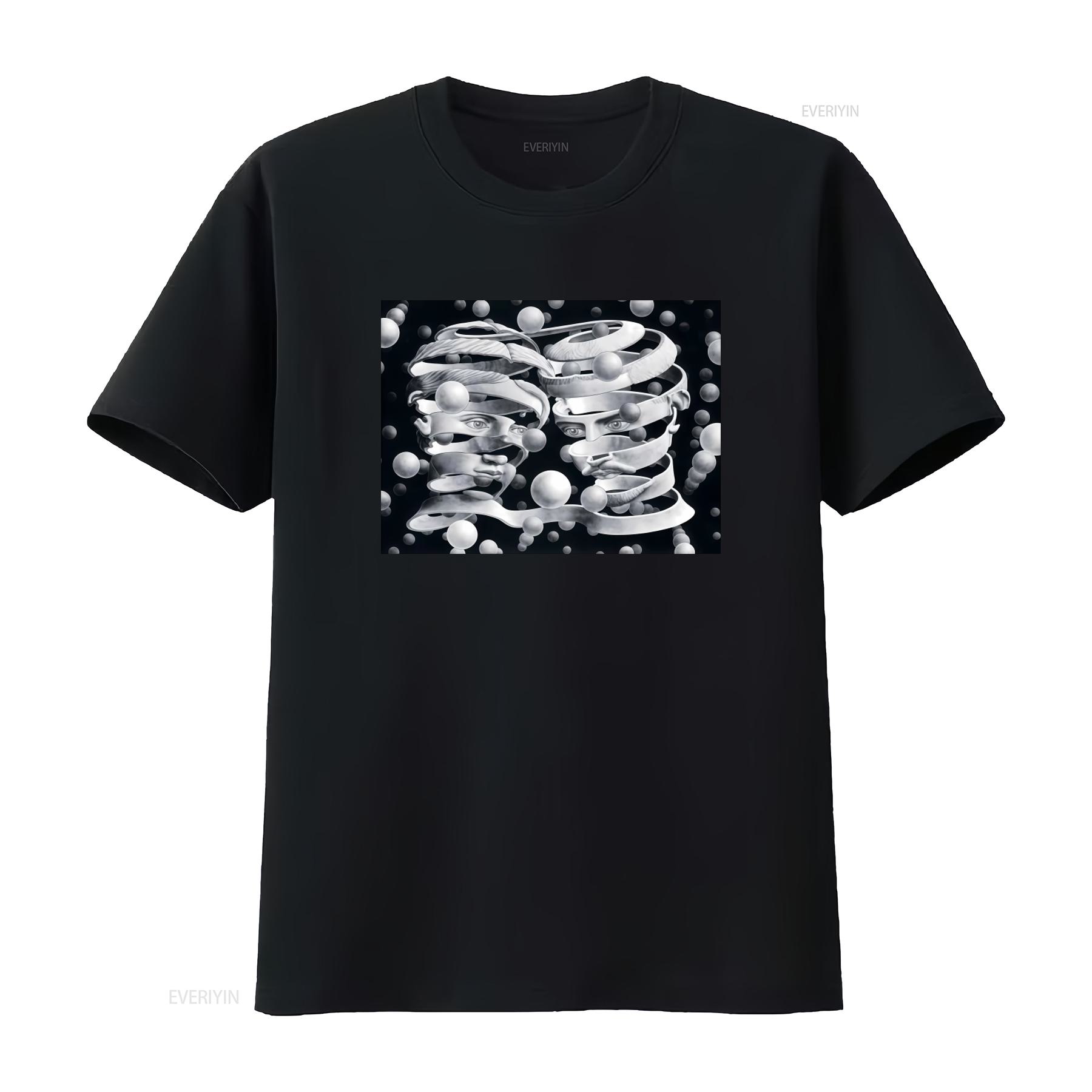 

M C Escher Inspired Optical Illusion Print T Shirt for Men and Women Unique Design vintage Washed Casual homme Stylish 4XL