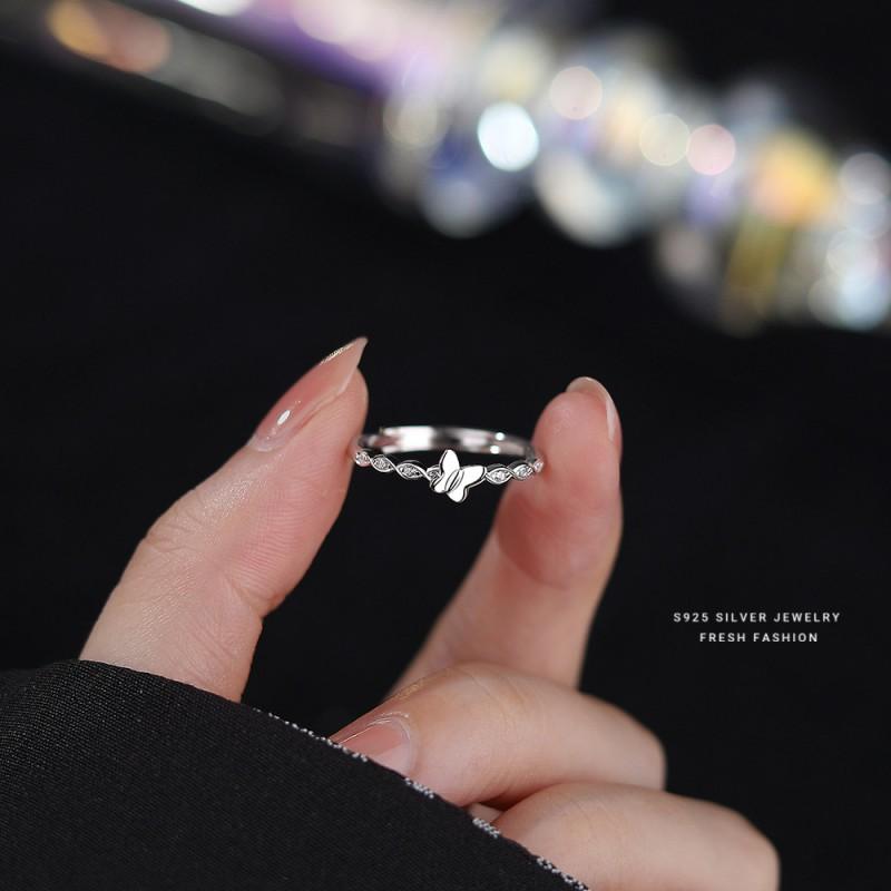 Adjustable Open Ring Women Sterling Butterfly Heart Design With Zirconia Crystals Fashion Elegant Statement Jewelry