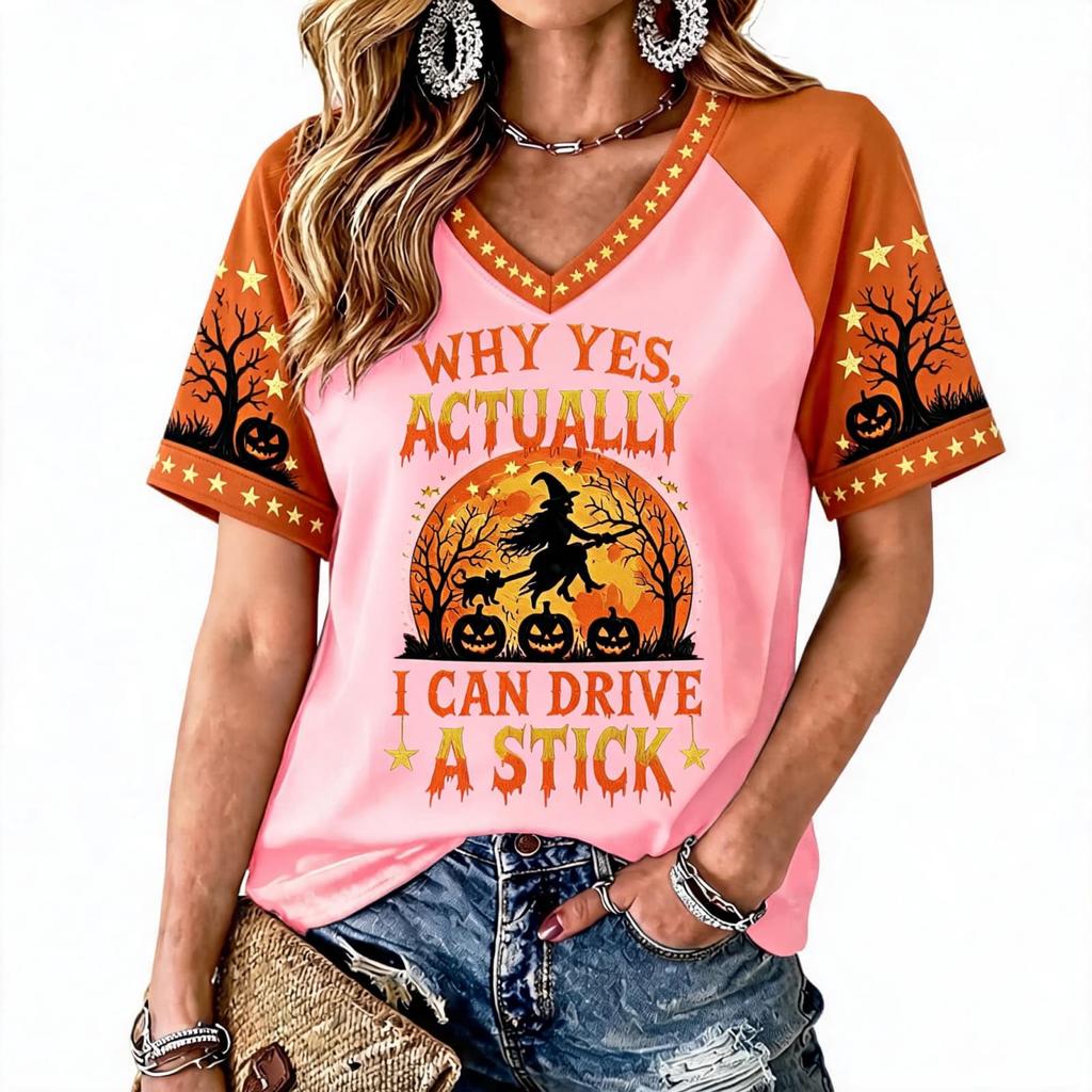 Women's Halloween Print Raglan Short Sleeve T-Shirt
