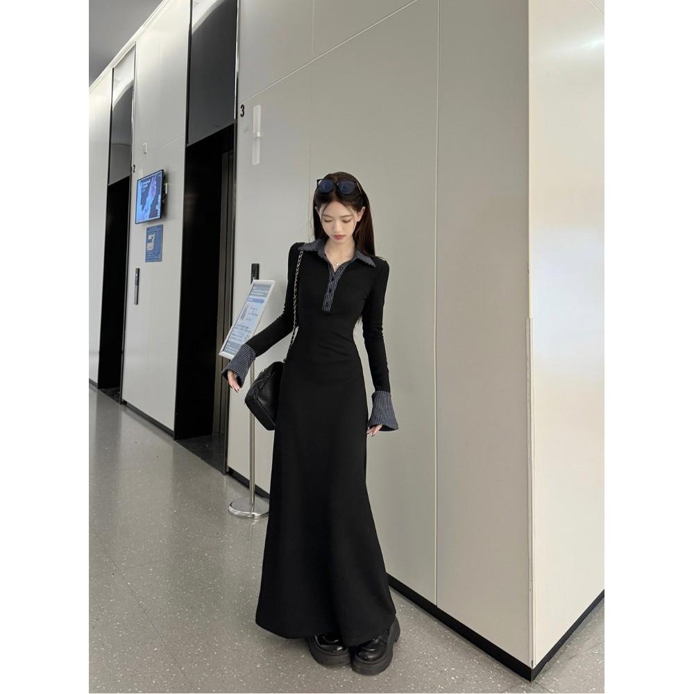 Korean Contrasting Color POLO Collar Long-sleeved Dress Women's Spring New High-end Waist Thin Inner Long Dress