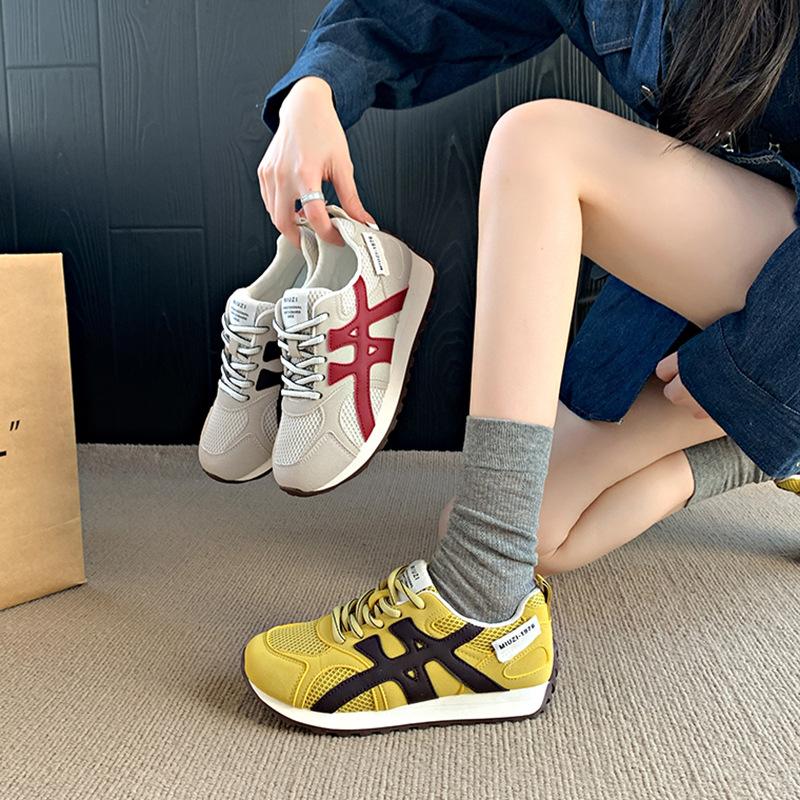 Women's Shoes 2025 Spring New Spring Round Head Lace-up Mesh Breathable Flat Bottom College Student Mesh Sports and Leisure Shoes